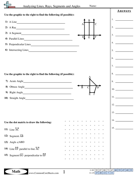 Lines Worksheets - Analyzing Lines, Rays, Segments and Angles worksheet